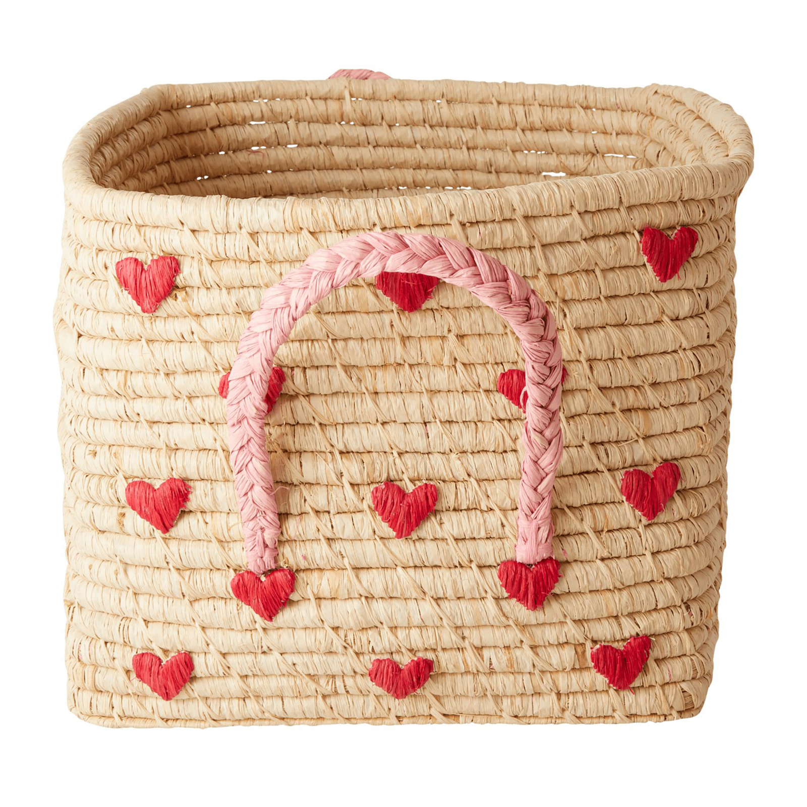 Cesta con asas Rice rafia 30x30 cm Red hearts