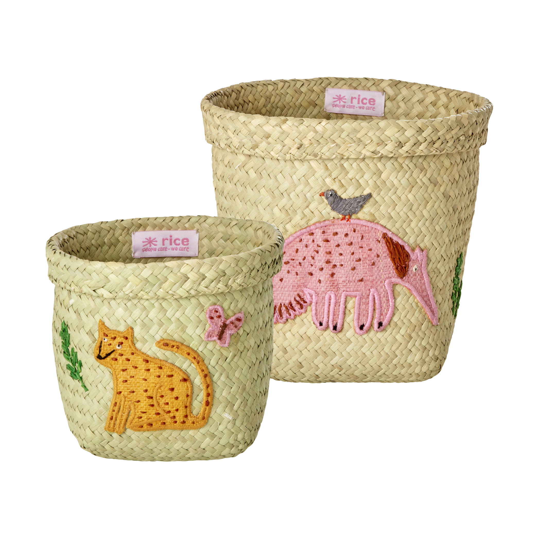 Cesta redonda Rice rafia, 2 piezas Bordado de Animal-Rosa-naranja