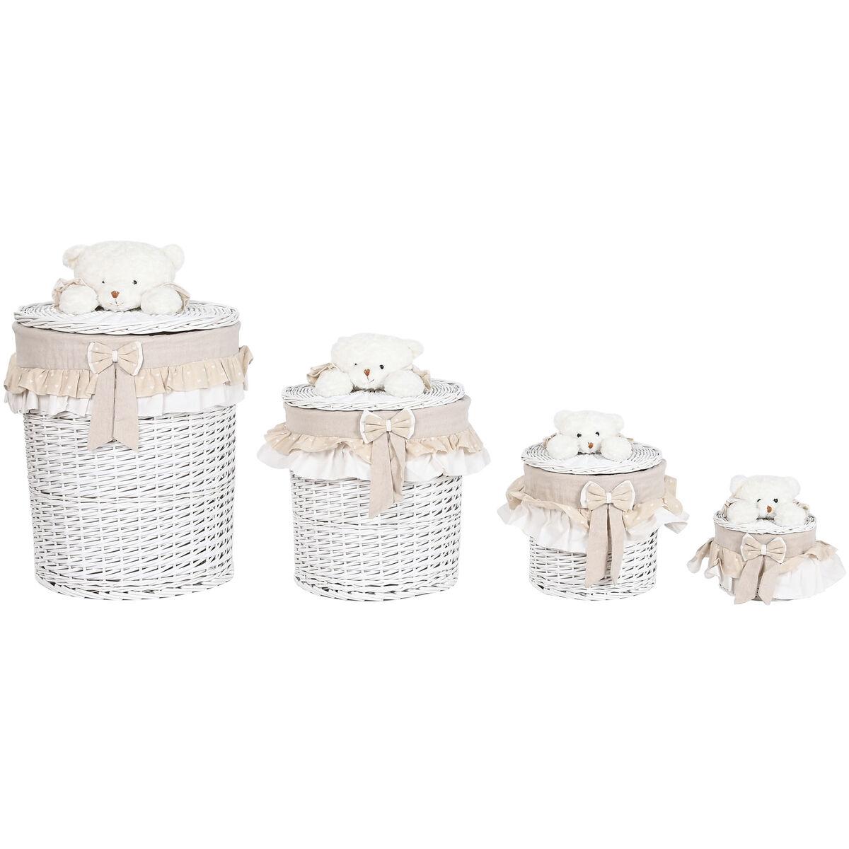 DKD Home Decor Cesta de Ropa Shabby Chic de Mimbre y Tela con Tapa, Blanco Beige, 45x68x45 cm, Set de 4
