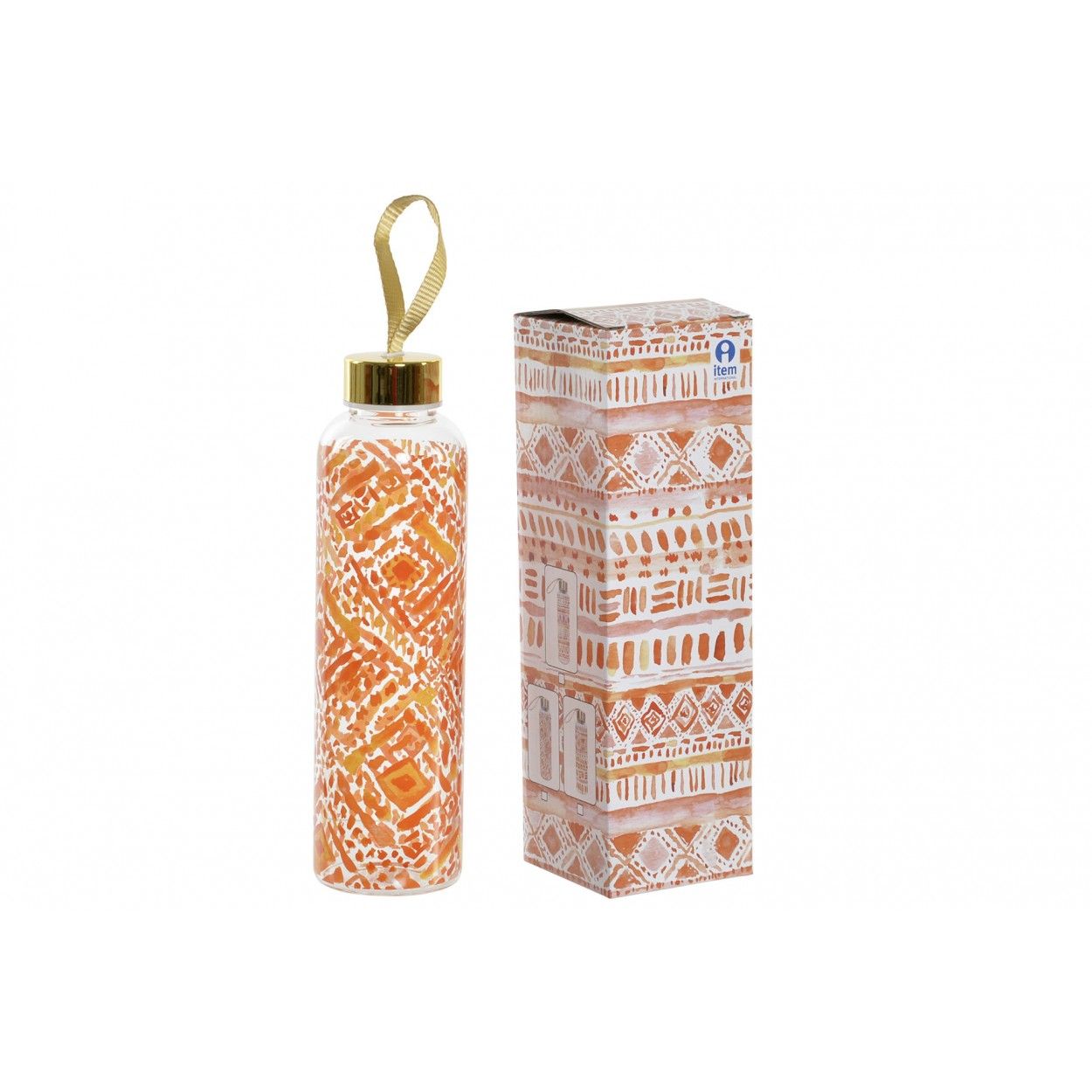 Botella de Agua Diseño Étnico Transparente de Borosilicato 6,5x6,5x13,5 cm