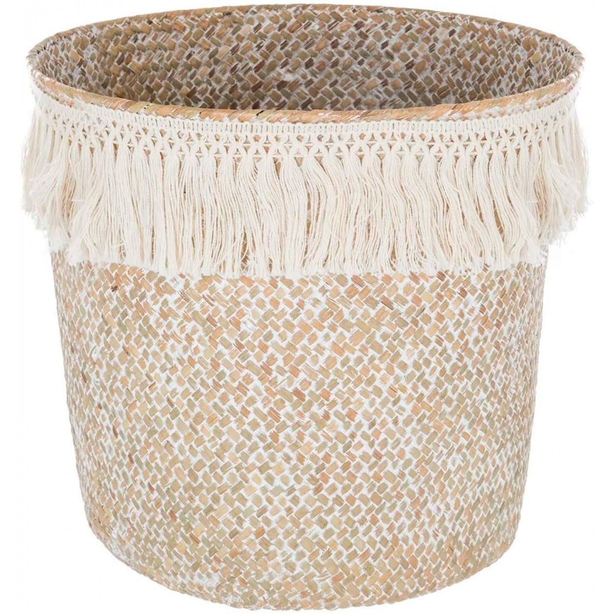 Cesto Junco de Mimbre Natural, con estilo Etnico, Cesto Natural con Flecos, Almacenaje moderno y original, 26x24cm