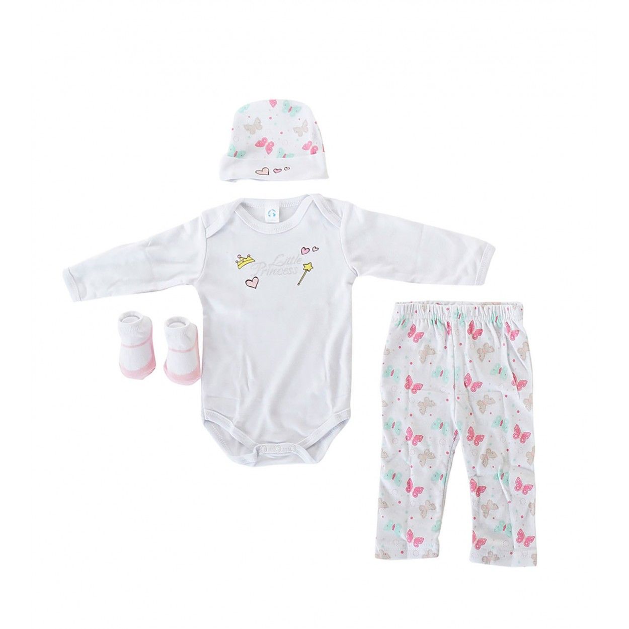 Conjunto Bebé 0 a 6 meses de 4 piezas Gorrito, Babero, Pantalón y Patucos de Algodón 24x28x7 cm