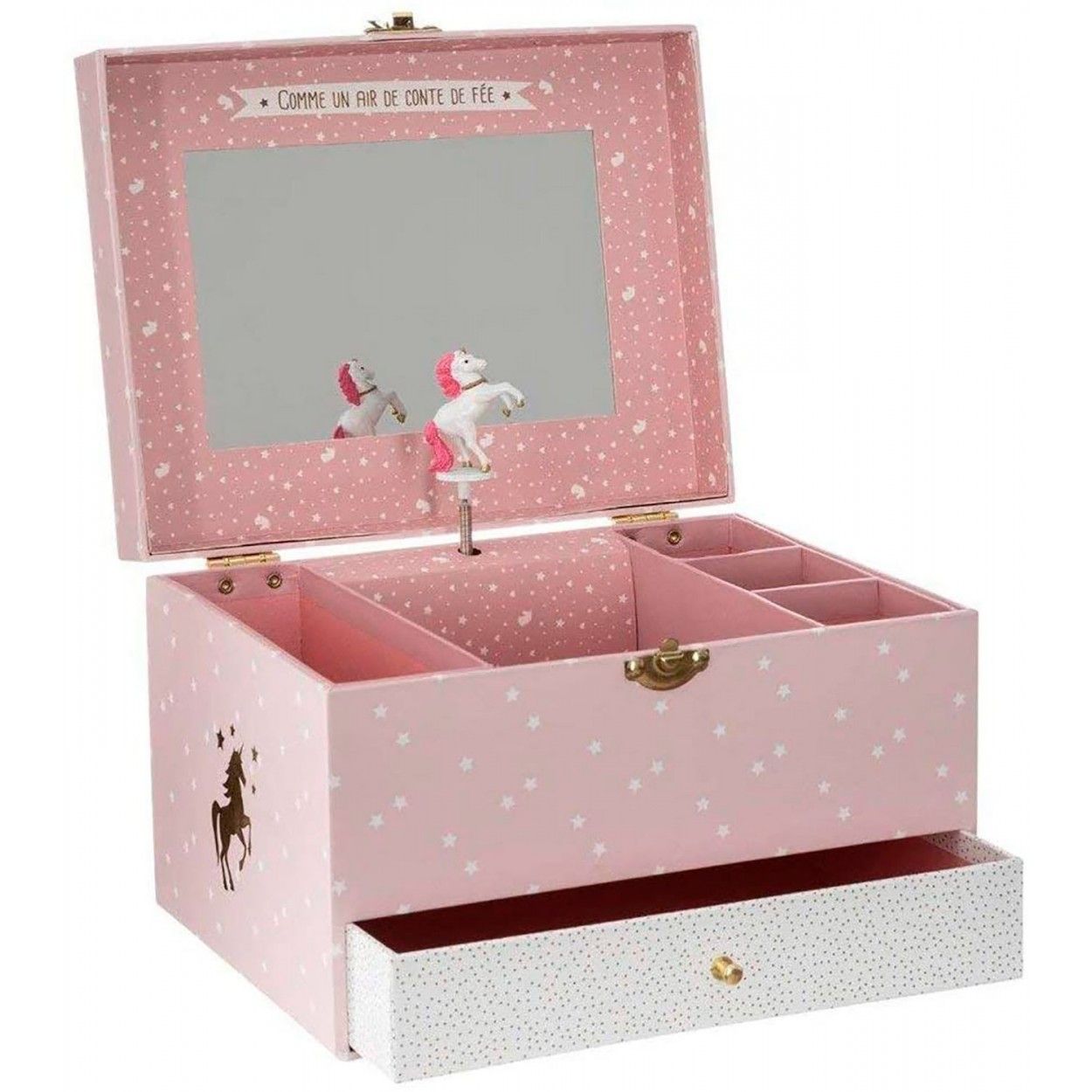 Joyero Musical Infantil Unicornio, color Rosa y Blanco, "ONCE UPON A TIME", Diseño Infantil con estilo Fantasía 21,5x16,5x14cm